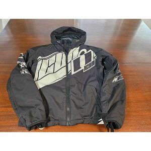 Icon Motosports Hooded Motorcycle Riding Jacket Black White Logo Mens Large